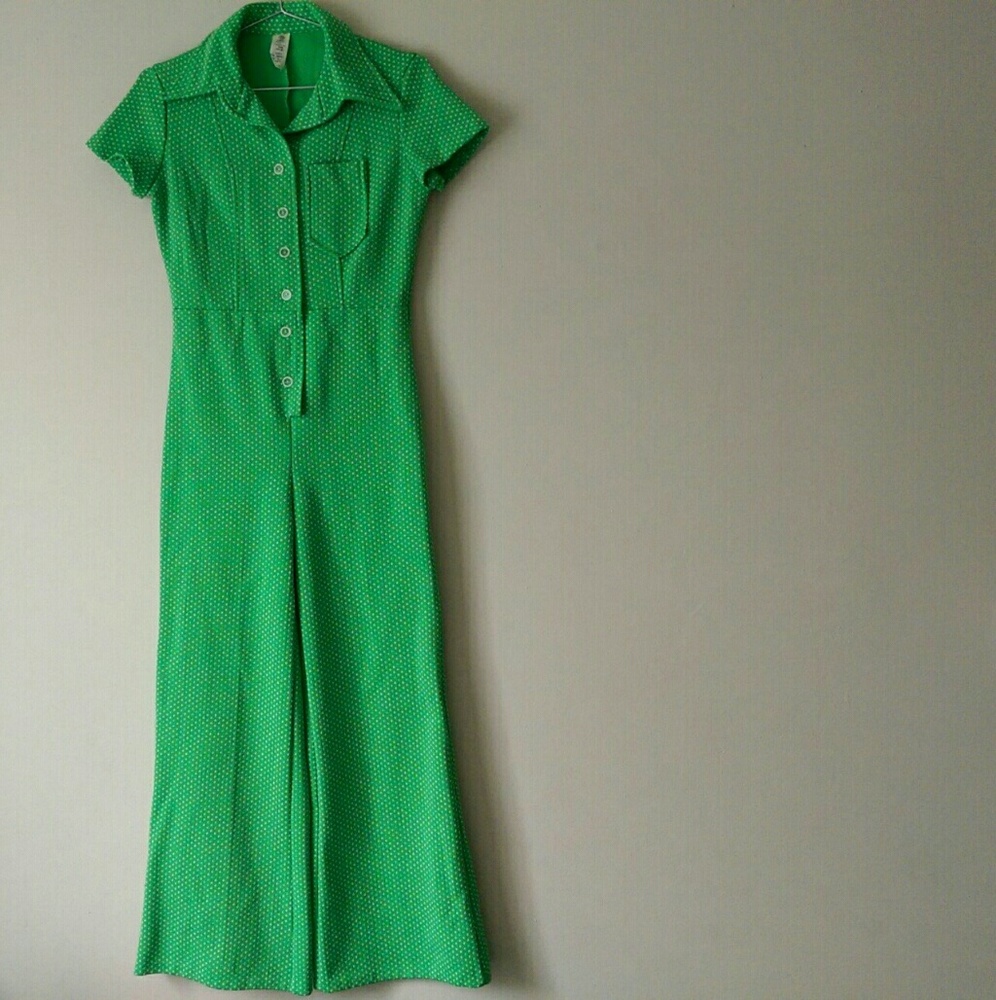 SOLD • RARE VTG 70s Green Polka Dot Disco Jumpsuit - Picture 1 of 4